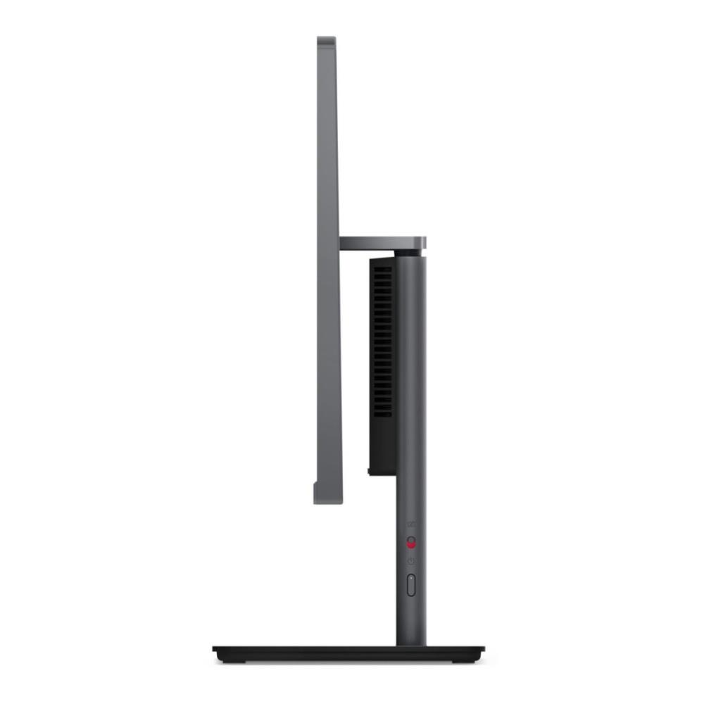 Szary monitor w profilu bocznym z otworami wentylacyjnymi i okrągłym przyciskiem.