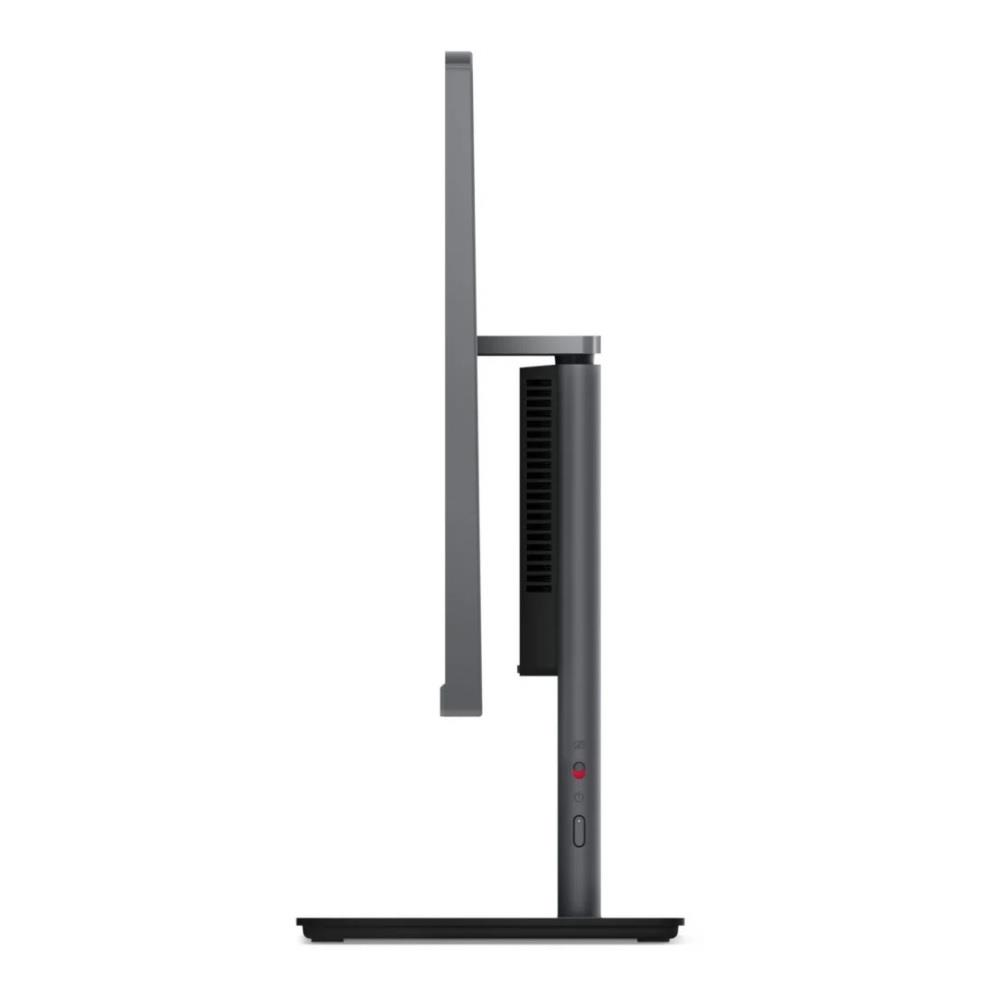 Widok z boku szarego monitora z otworami wentylacyjnymi i przyciskami.