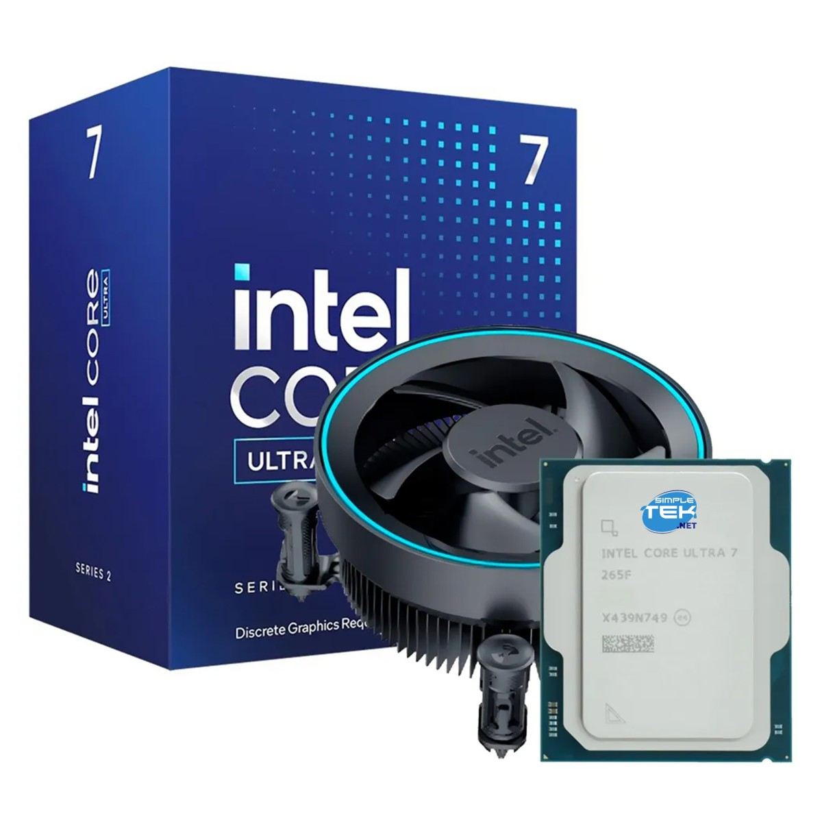 Pudełko procesora Intel Core Ultra 7 z wentylatorem i CPU.