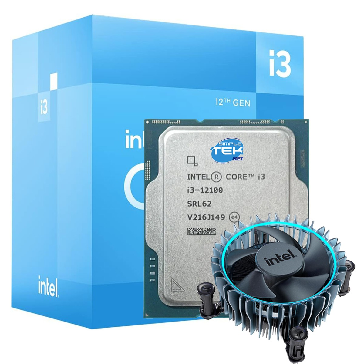 Procesor Intel i3 12. gen z chłodzeniem i niebieskim pudełkiem.