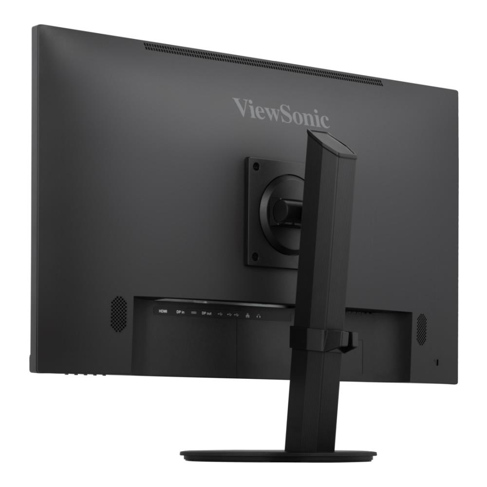Widok z tyłu czarnego monitora ViewSonic z portami i podstawką.