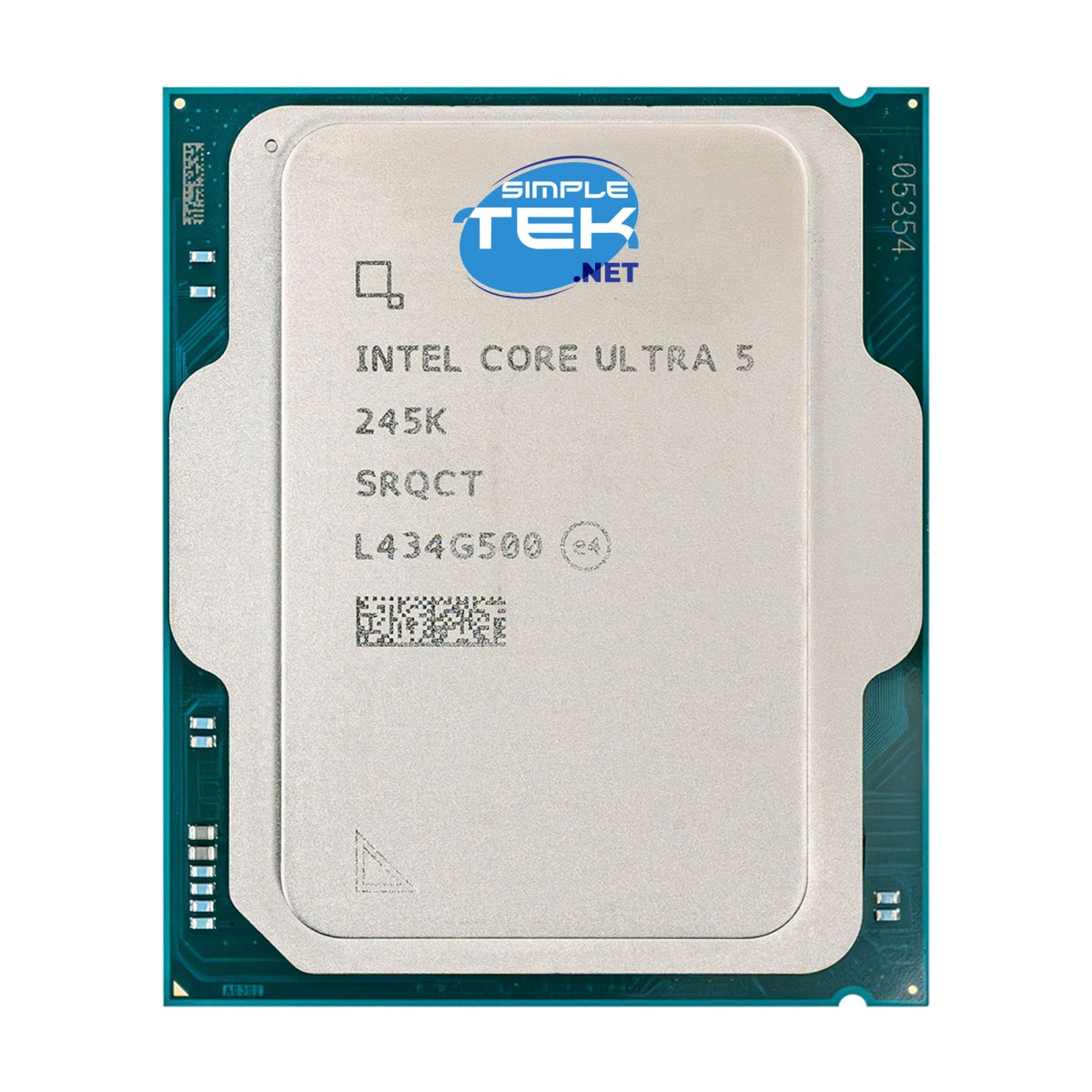 Procesor Intel Core Ultra 5 z logo 'SIMPLE TEK .NET' i numerami modeli.