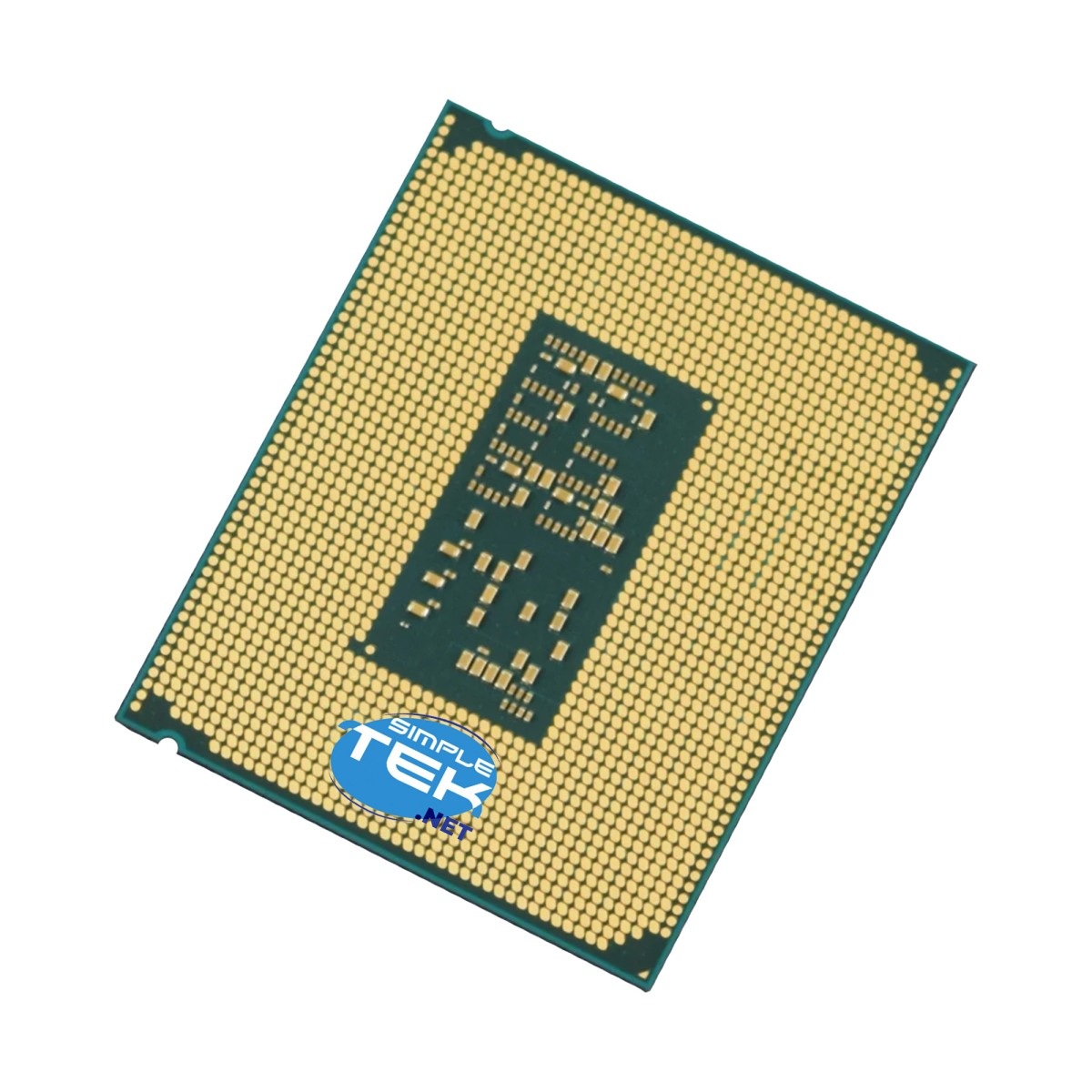 Procesor komputerowy ze złotymi pinami i zielonym chipem pośrodku.