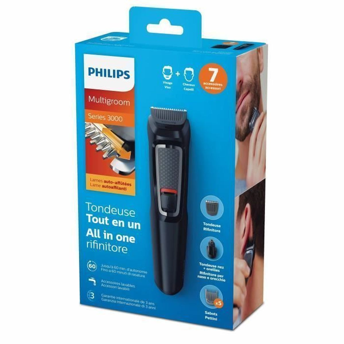 Philips Multigroom Series 3000 ambalajı, düzeltici ve aksesuarları gösteriyor.