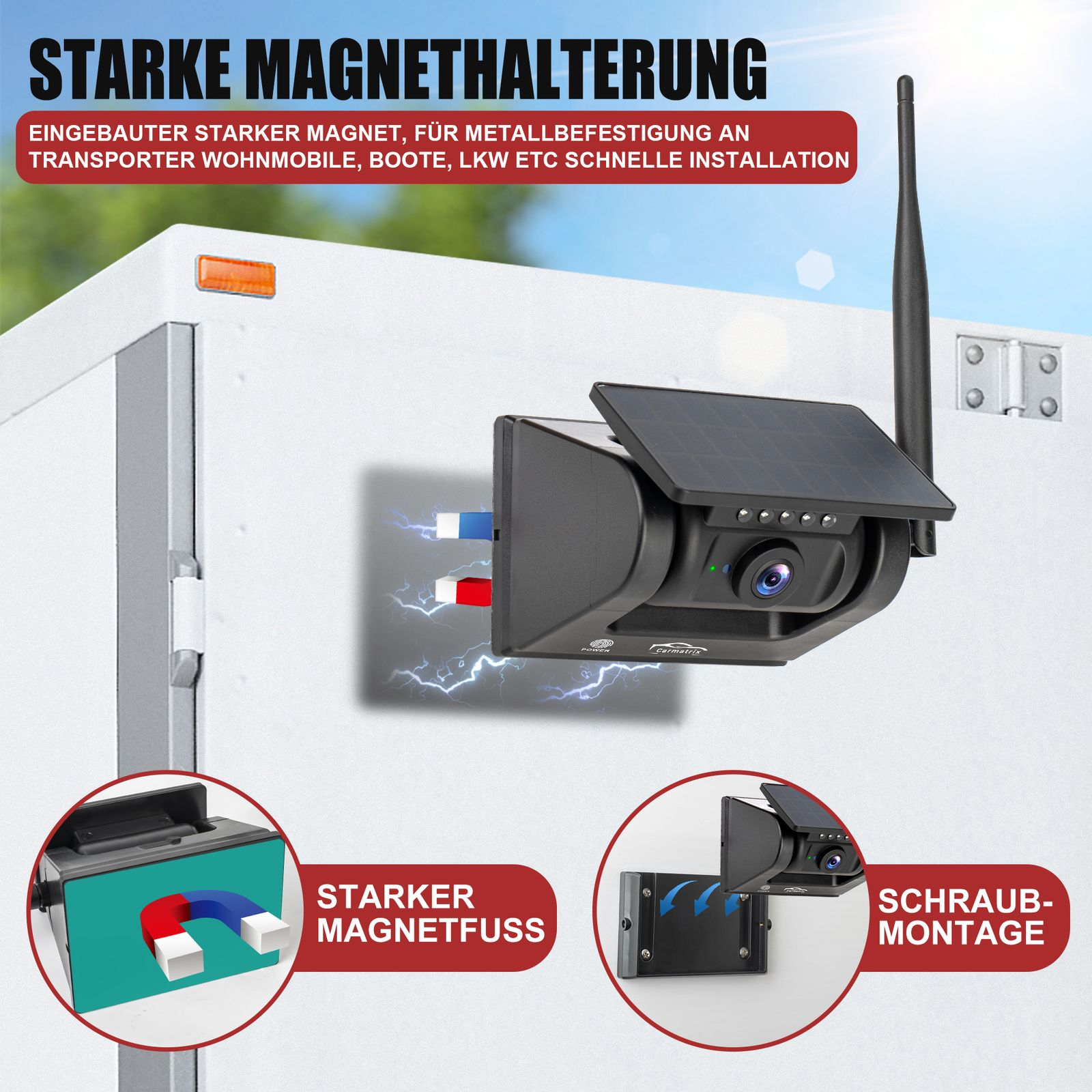 Kamera mit Solarmodul und Magnetbefestigung an weißer Wand.