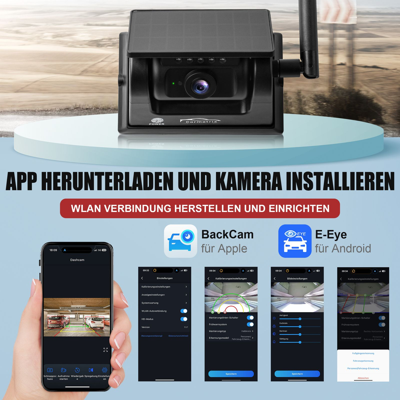 Ein schwarzes Kameragerät mit Solarpanel und Antenne auf einem blauen Podest.