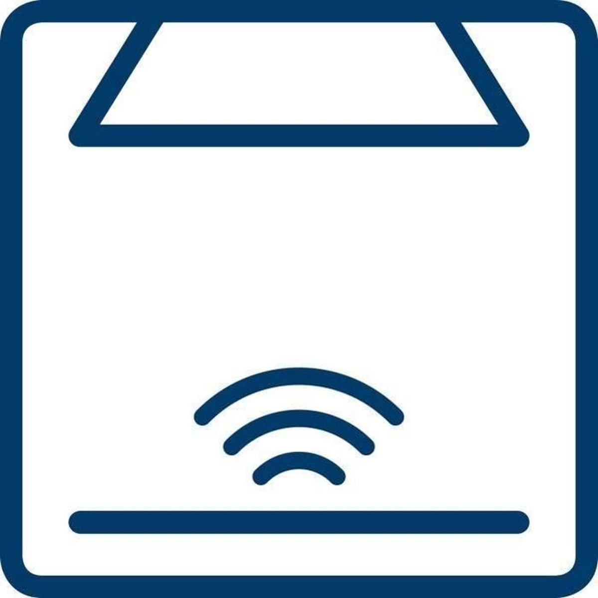 Niebieski zarys urządzenia z falami sygnału nad linią. Symbol płatności zbliżeniowej.