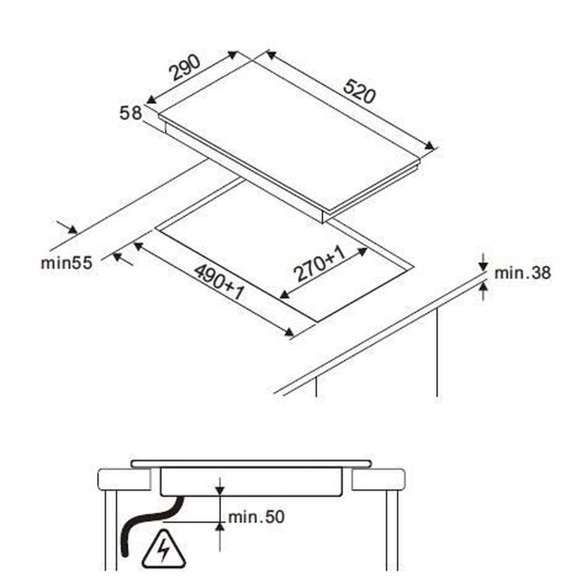 Technical drawing of a stovetop with dimensions.