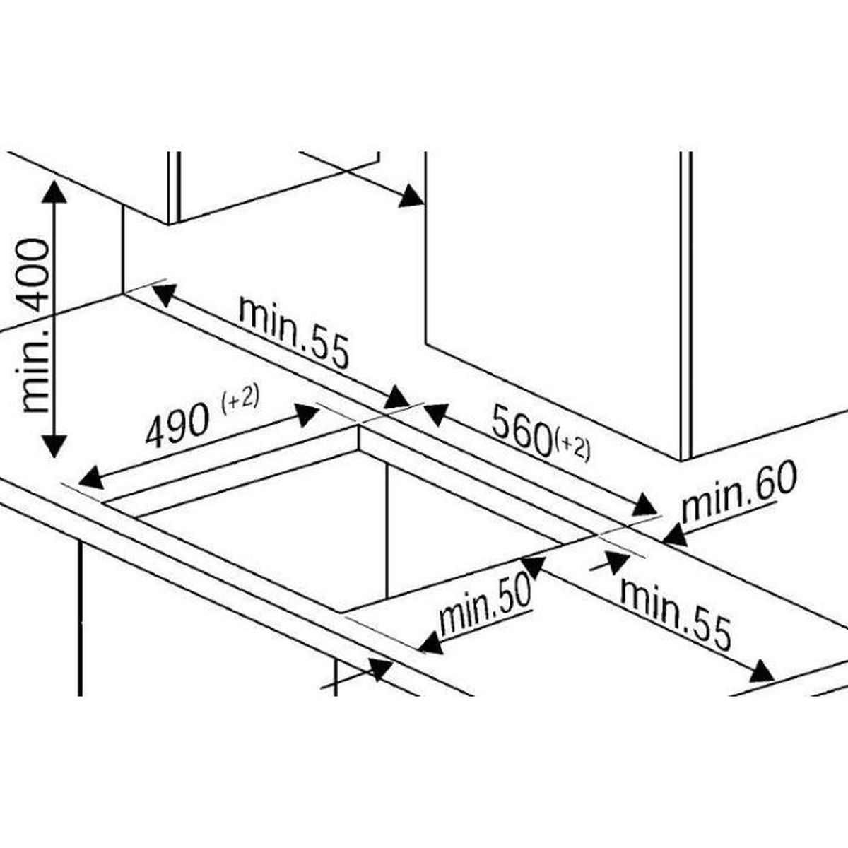 Dibujo técnico que muestra las dimensiones de instalación de una placa con medidas.