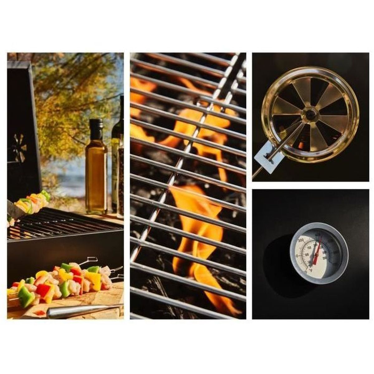 Grillaccessoires: spiesjes, olieflessen, vlammen, ventilatie en thermometer.