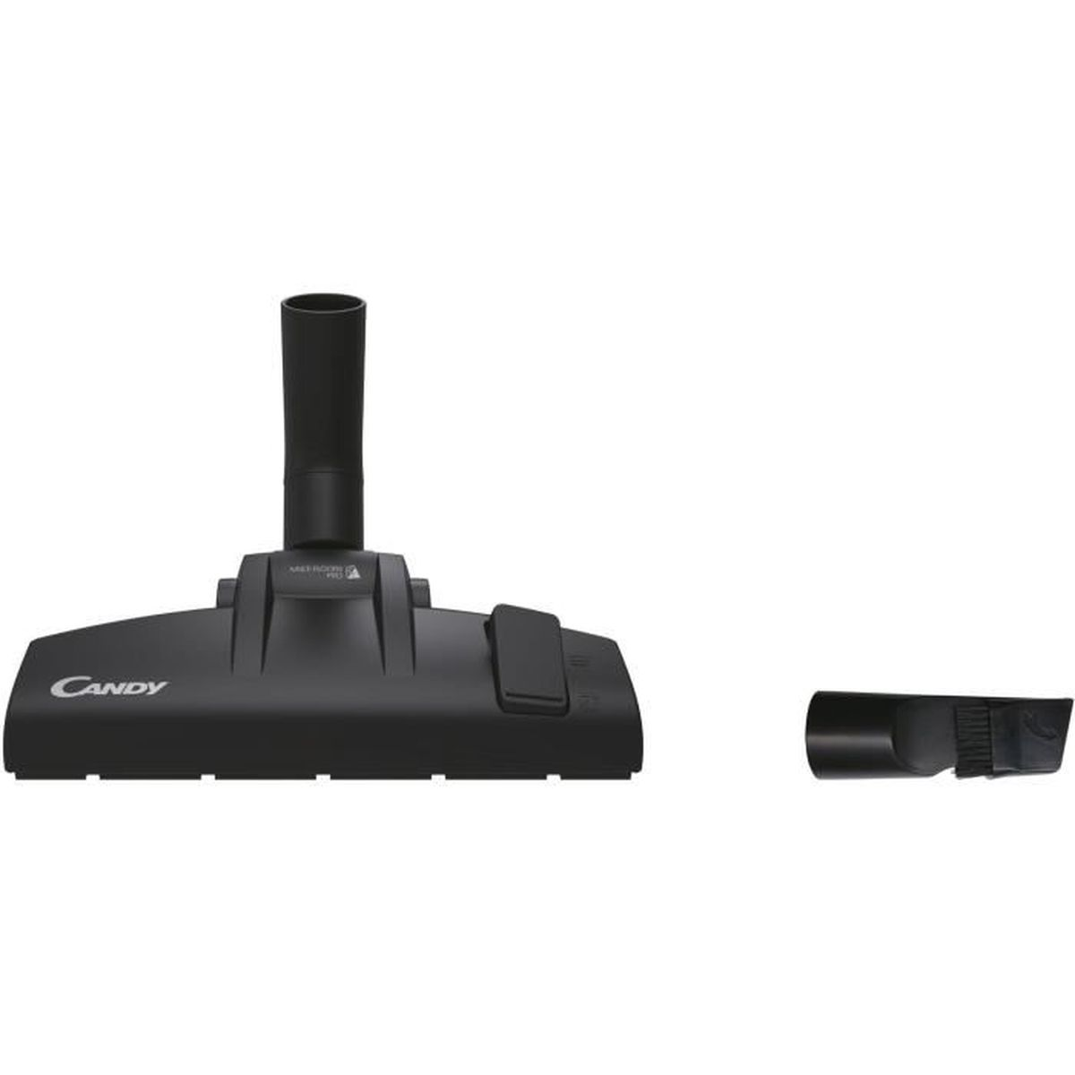 Czarna szczotka podłogowa Candy i ssawka szczelinowa obok siebie na białym tle.