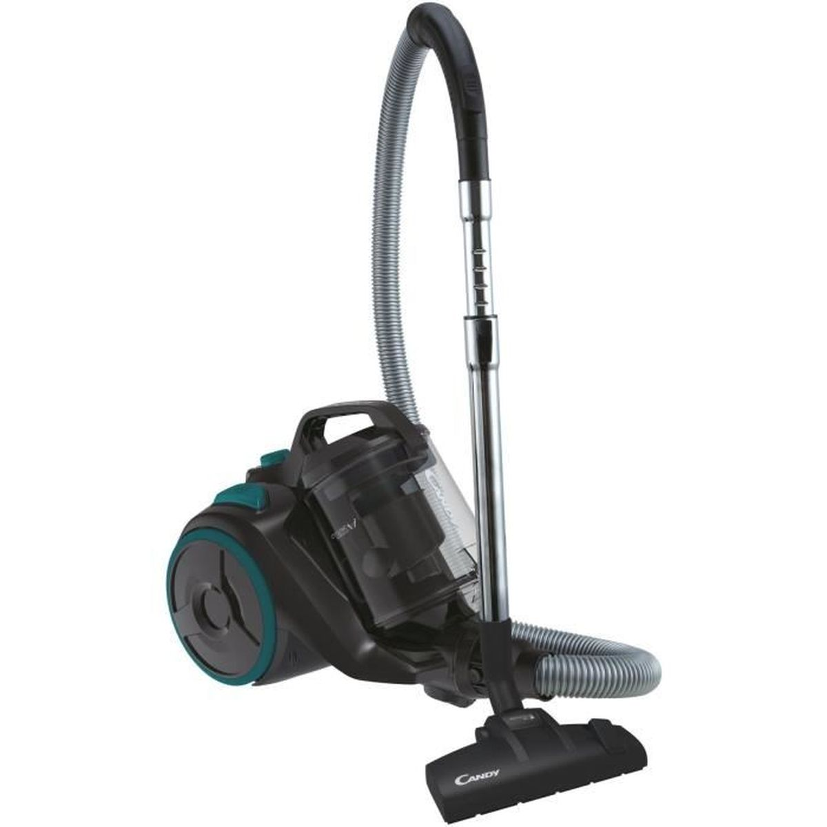 Czarny odkurzacz z wężem i szczotką, na białym tle.