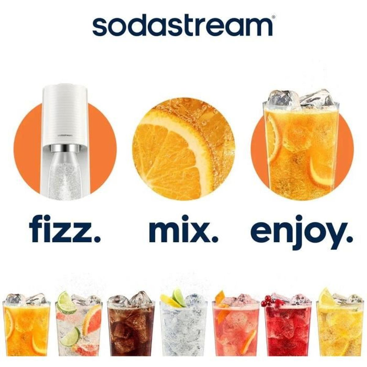Macchina SodaStream, fetta d'arancia, bevanda e vari cocktail.