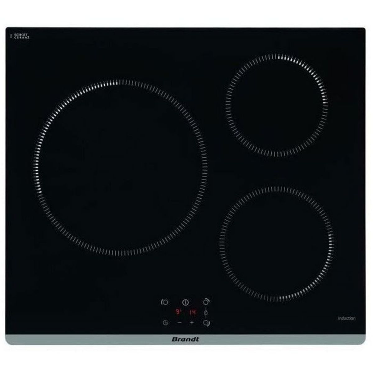 Czarna płyta indukcyjna z trzema strefami gotowania i cyfrowym wyświetlaczem.