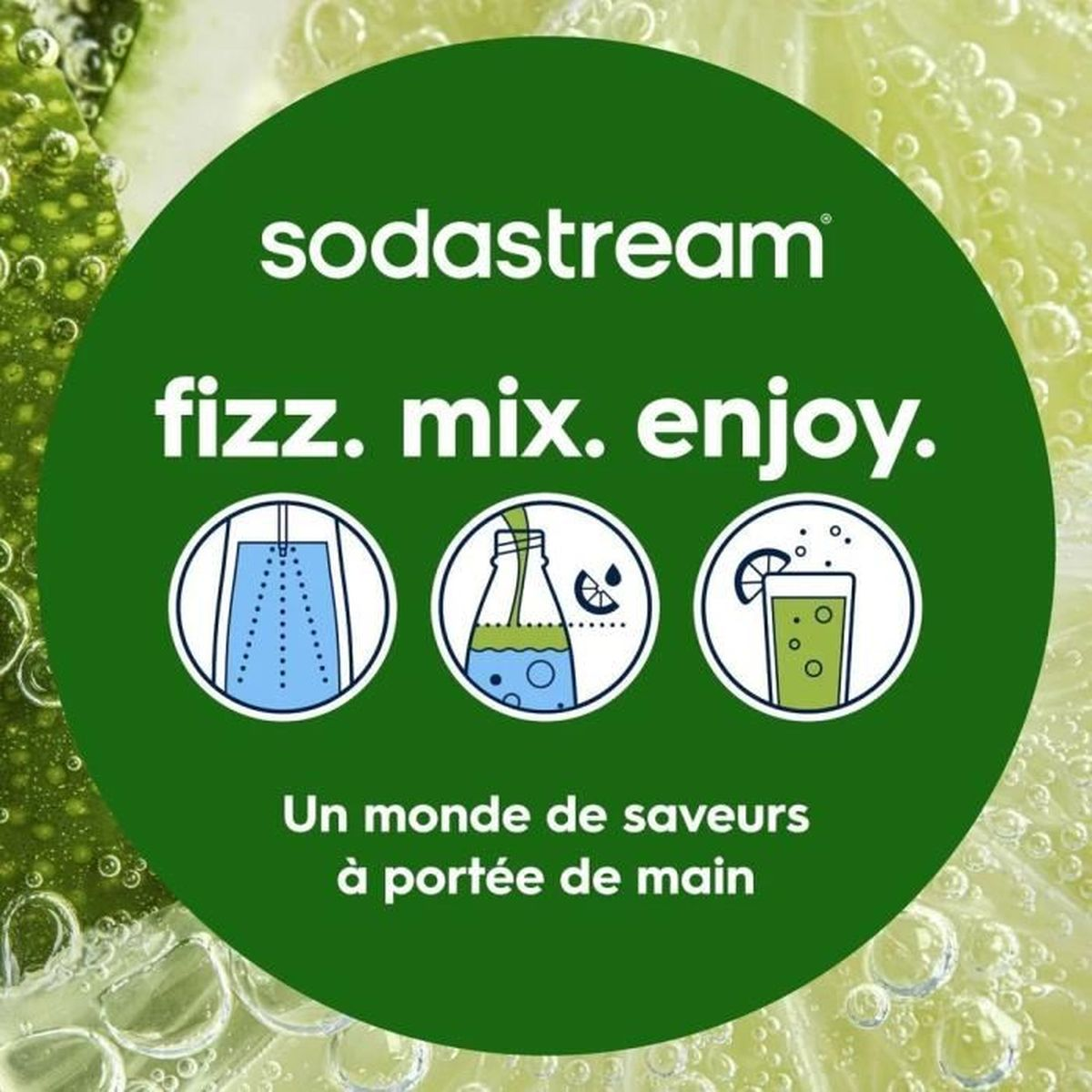Sodastream: Frizza. Mescola. Gusta. Icone mostrano acqua frizzante, mescolando e servendo.