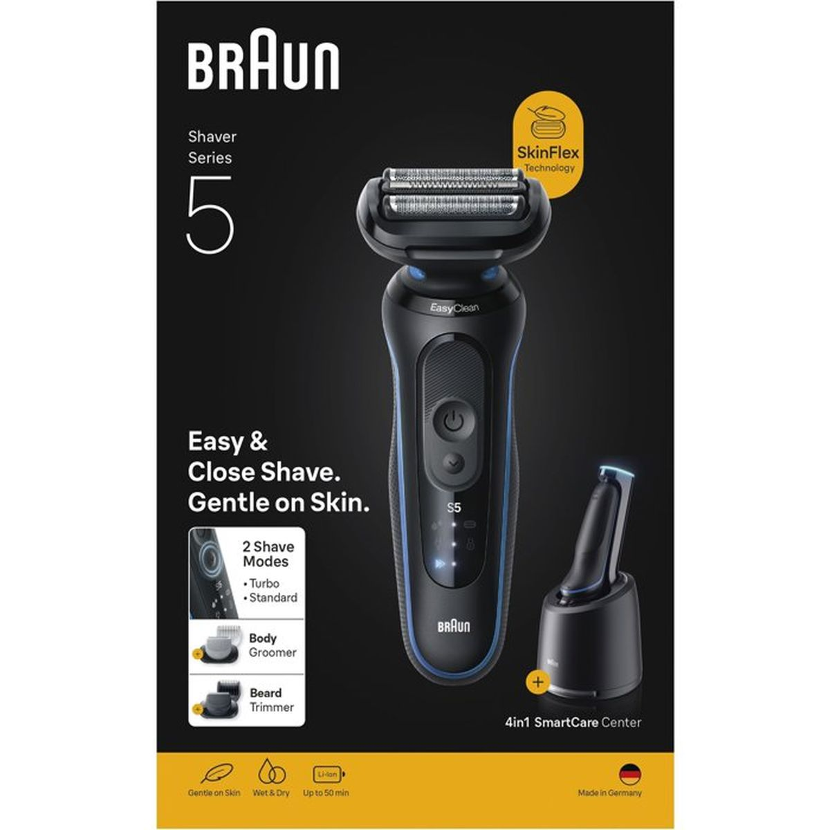 Ein schwarzer Braun Rasierer Serie 5 mit SkinFlex Technologie und Lade-/Reinigungsstation.