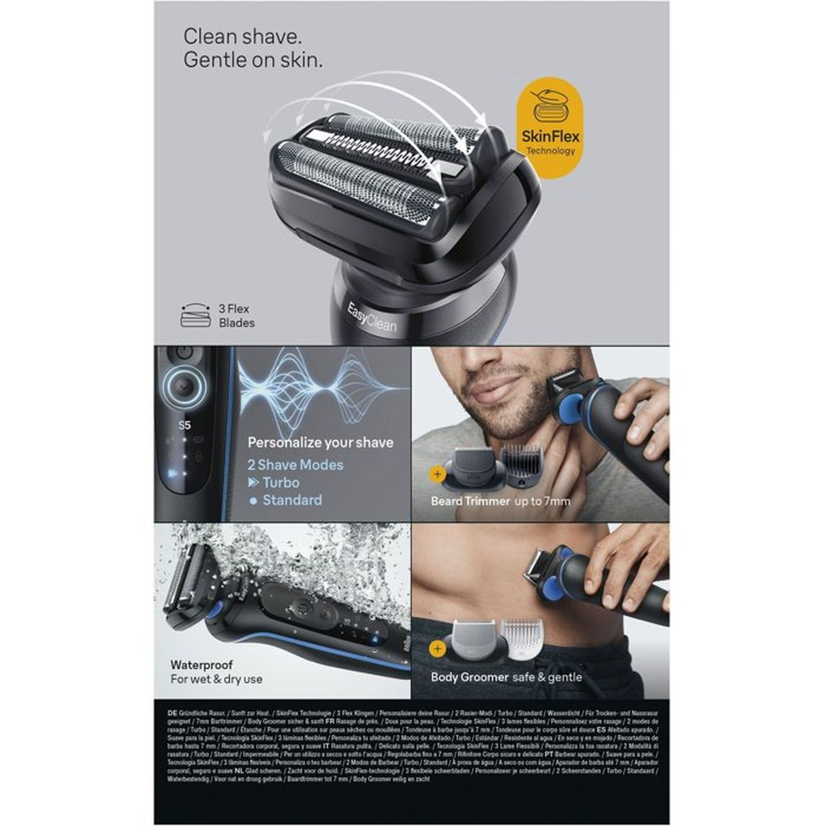 Braun Rasierer mit SkinFlex-Technologie, 3 Klingen, 2 Modi, wasserdicht & Barttrimmer.