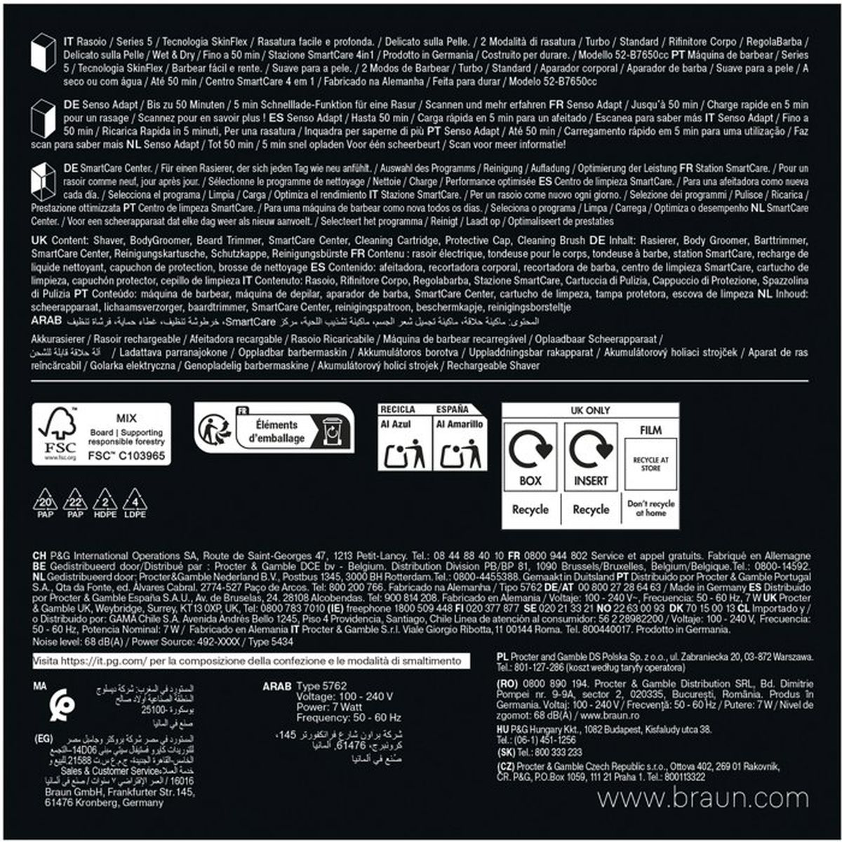 Verpackungsdetails: FSC-Logo, Recycling-Symbole für Mülltrennung, Produktinformationen.