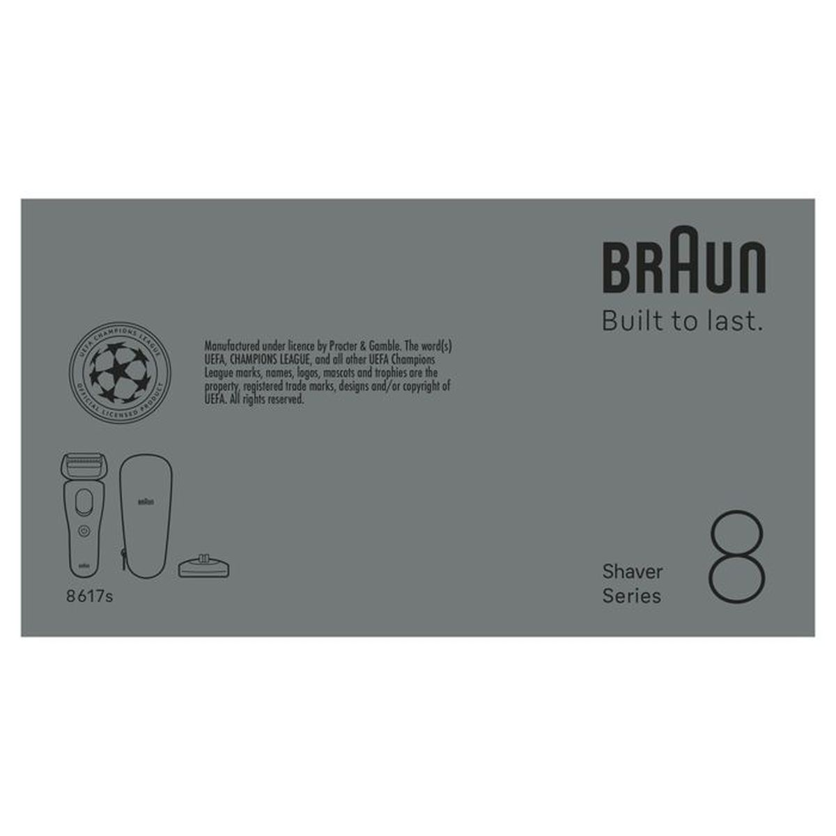 Braun Rasierer 8617s mit UEFA Champions League Logo und Lizenztext.