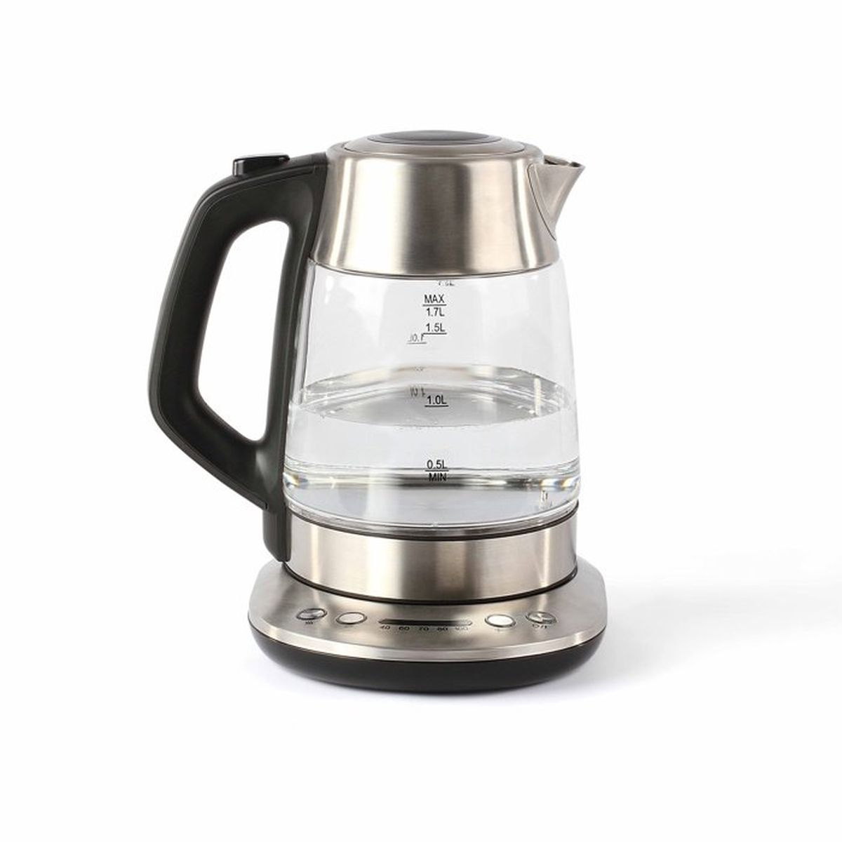 Un hervidor de agua de cristal con base metálica y asa negra, medio lleno.