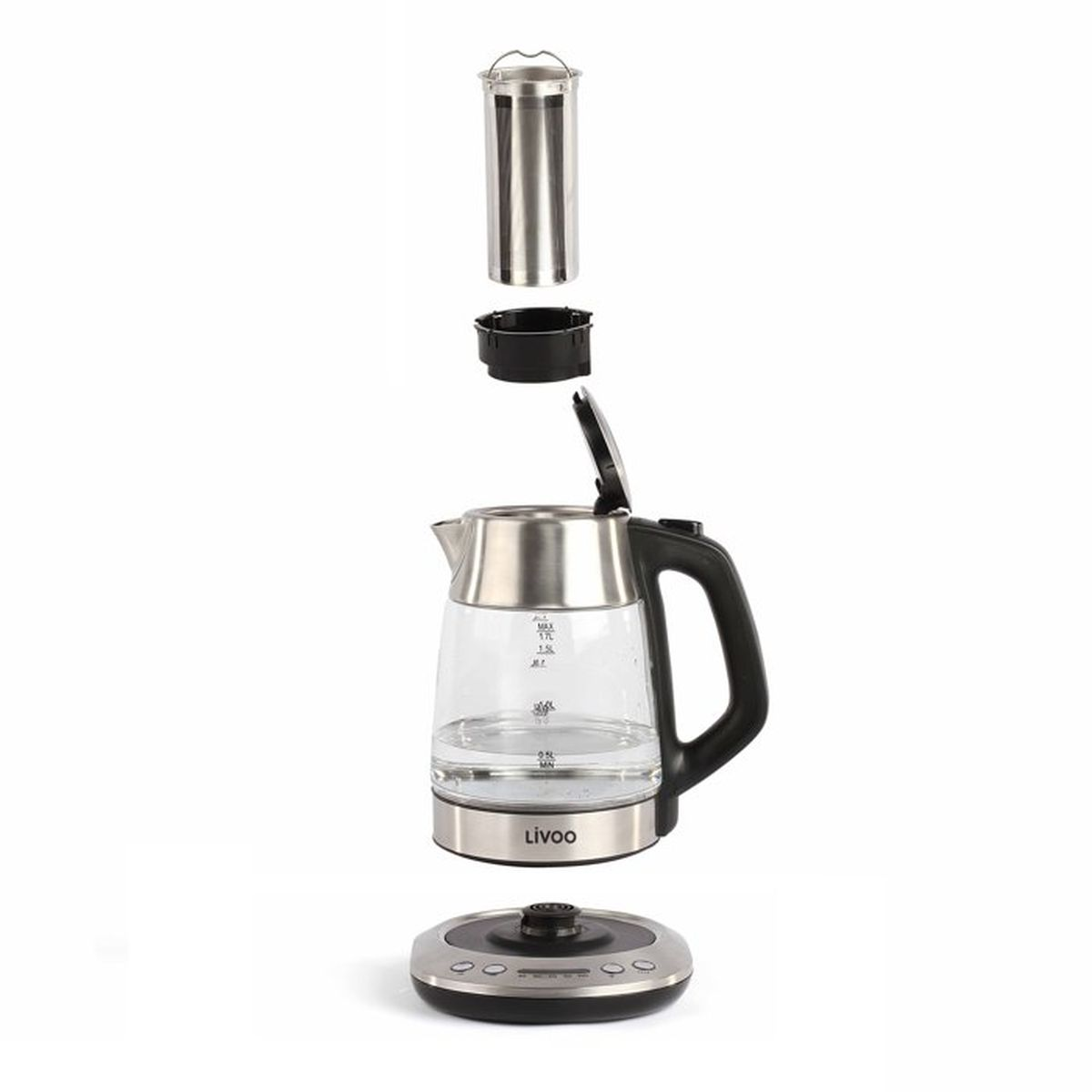 Un hervidor de agua eléctrico de cristal con detalles de acero inoxidable y mango negro. Partes desmontadas.