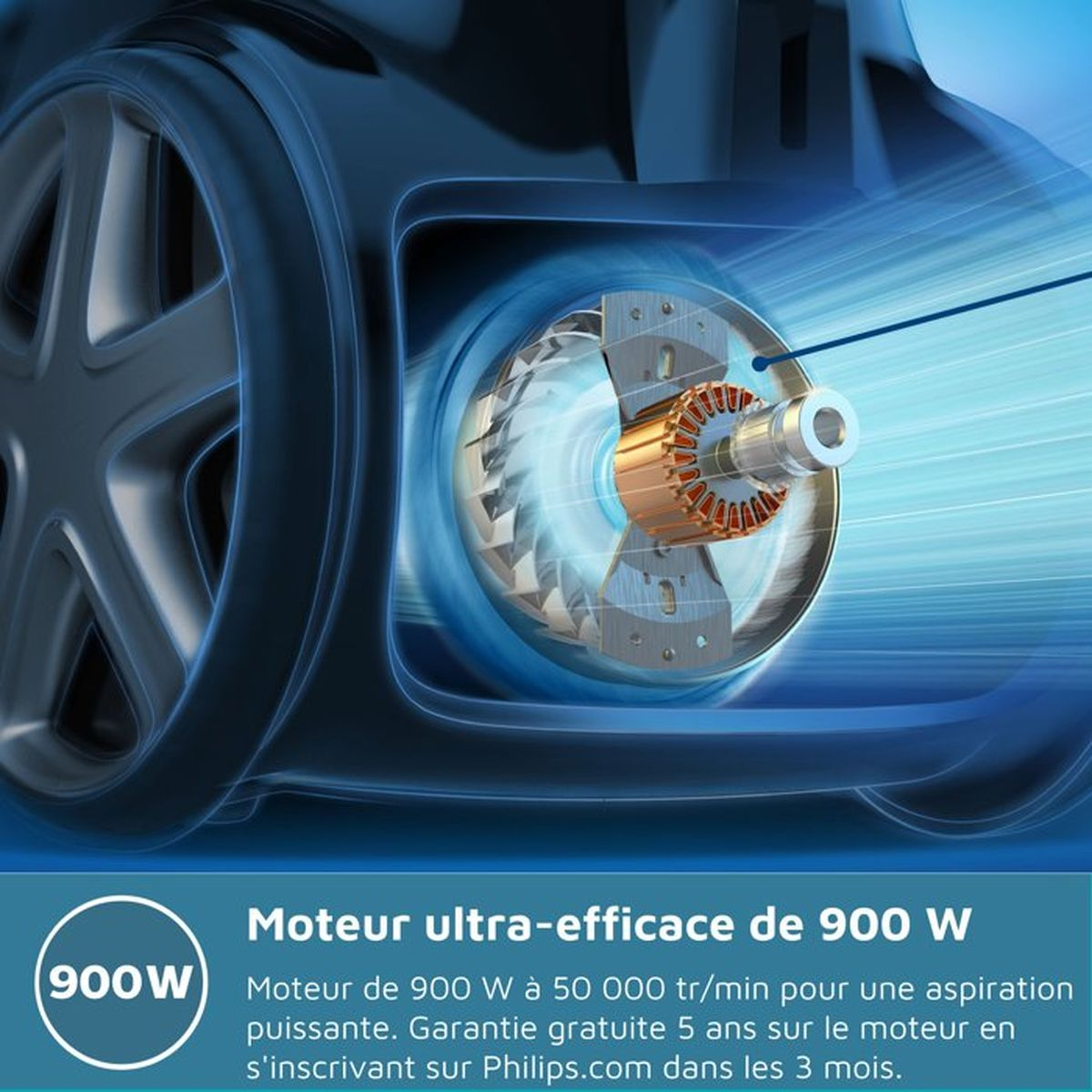 Silnik 900W z miedzianymi uzwojeniami i łopatkami.