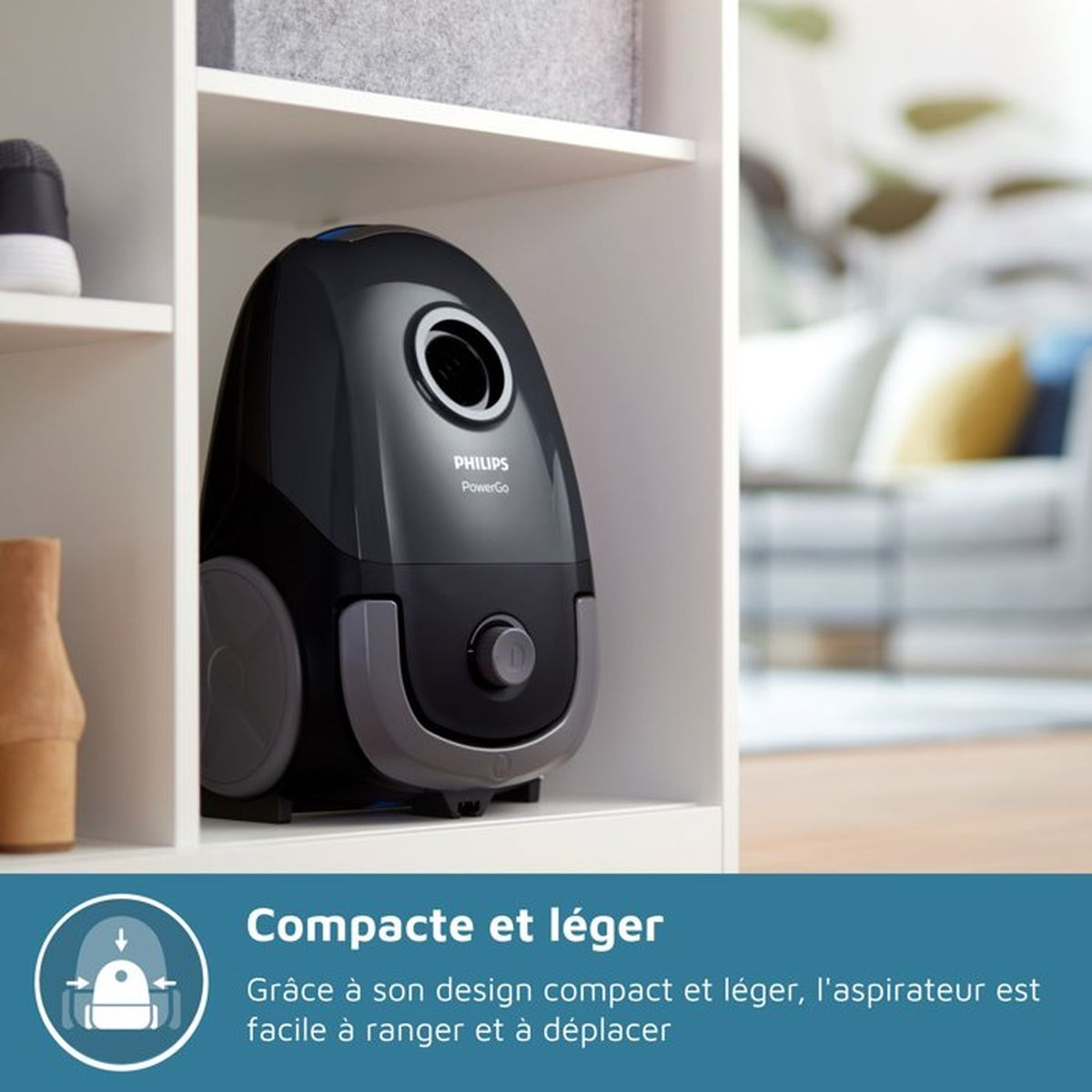 Czarny odkurzacz Philips PowerGo na półce.