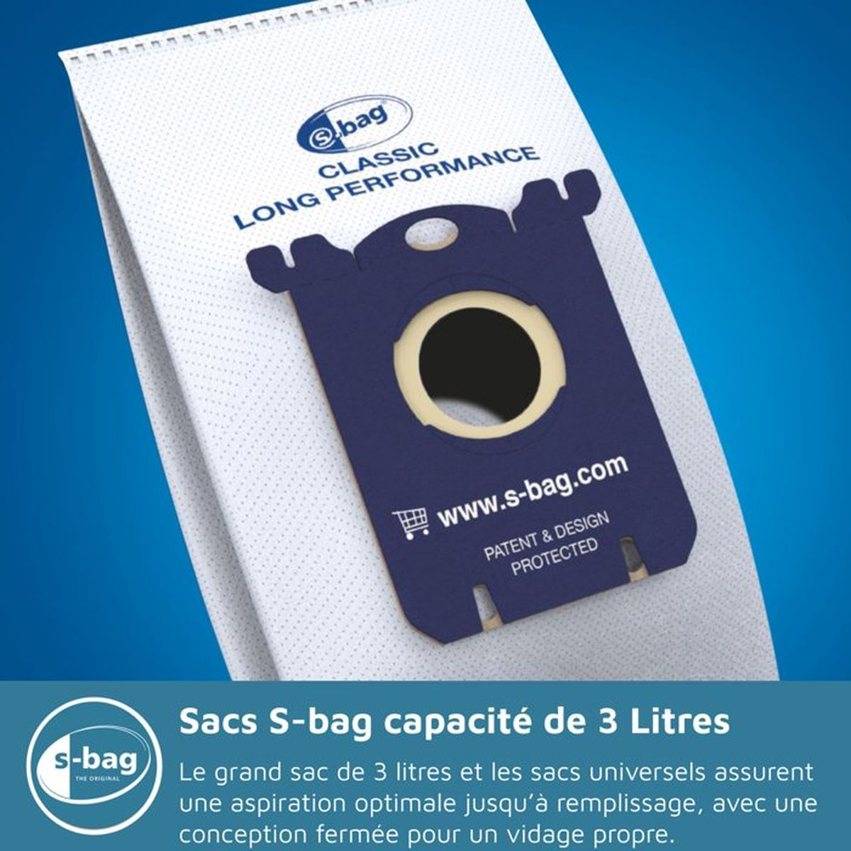 Biała torba do odkurzacza z niebieskim nadrukiem i niebieską częścią łączącą.