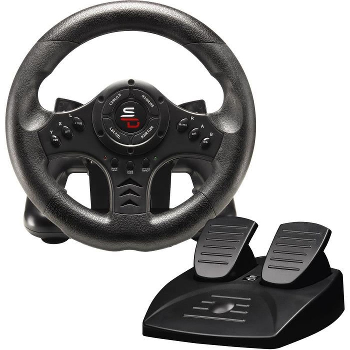 Schwarzes Gaming-Lenkrad mit zwei Pedalen und vielen Knöpfen.