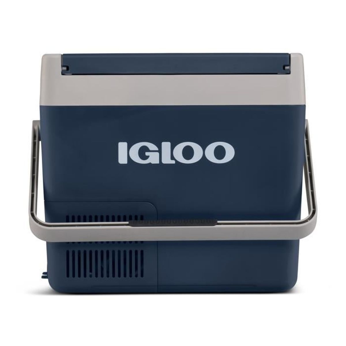 Granatowa lodówka turystyczna Igloo z szarą pokrywą i uchwytami.