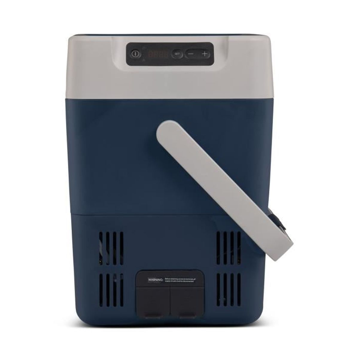 Ciemnoniebieska lodówka turystyczna z białym uchwytem i panelem sterowania. Kratki wentylacyjne na dole.