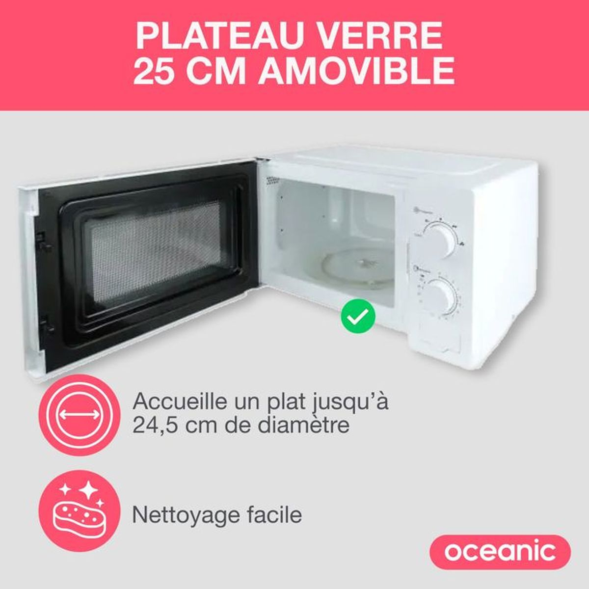 Microondas blanco con puerta abierta, plato giratorio y mandos.