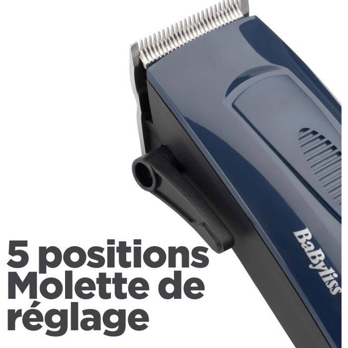 Granatowa maszynka do strzyżenia włosów ze srebrnymi ostrzami.