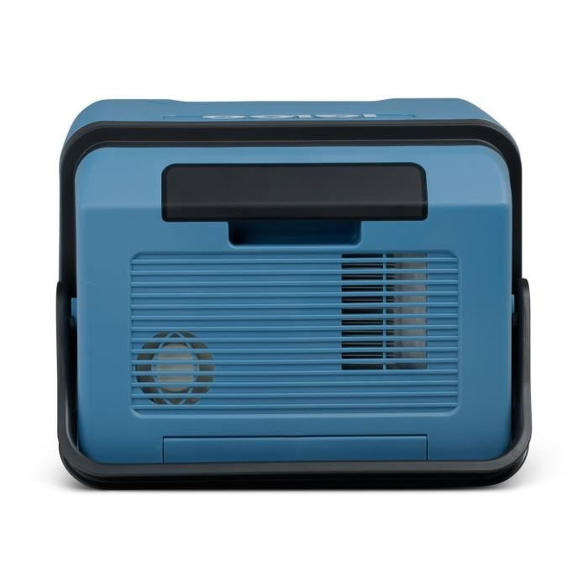 Un frigorifero portatile blu con manico nero e griglia di ventilazione anteriore.