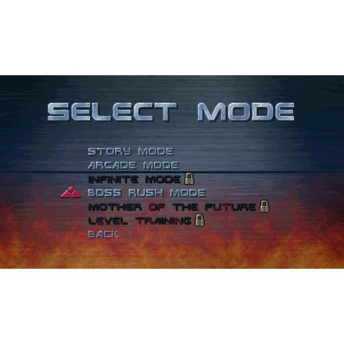 Ekran wyboru trybu gry z trybami fabularnym, zręcznościowym i bossa.