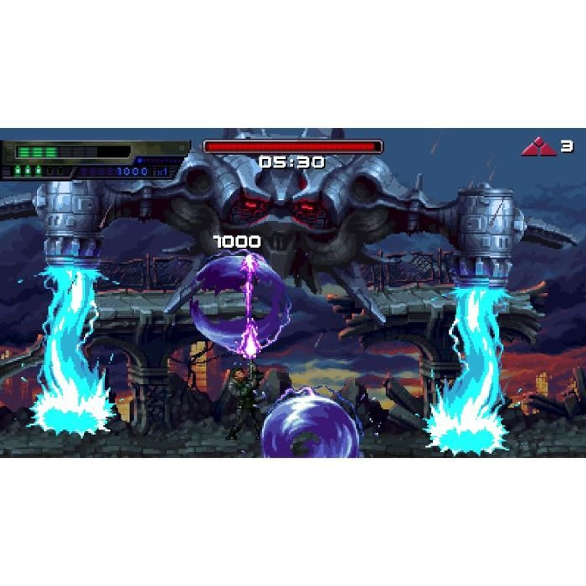 Postać gracza walczy z gigantycznym robotem z niebieskimi promieniami energii.