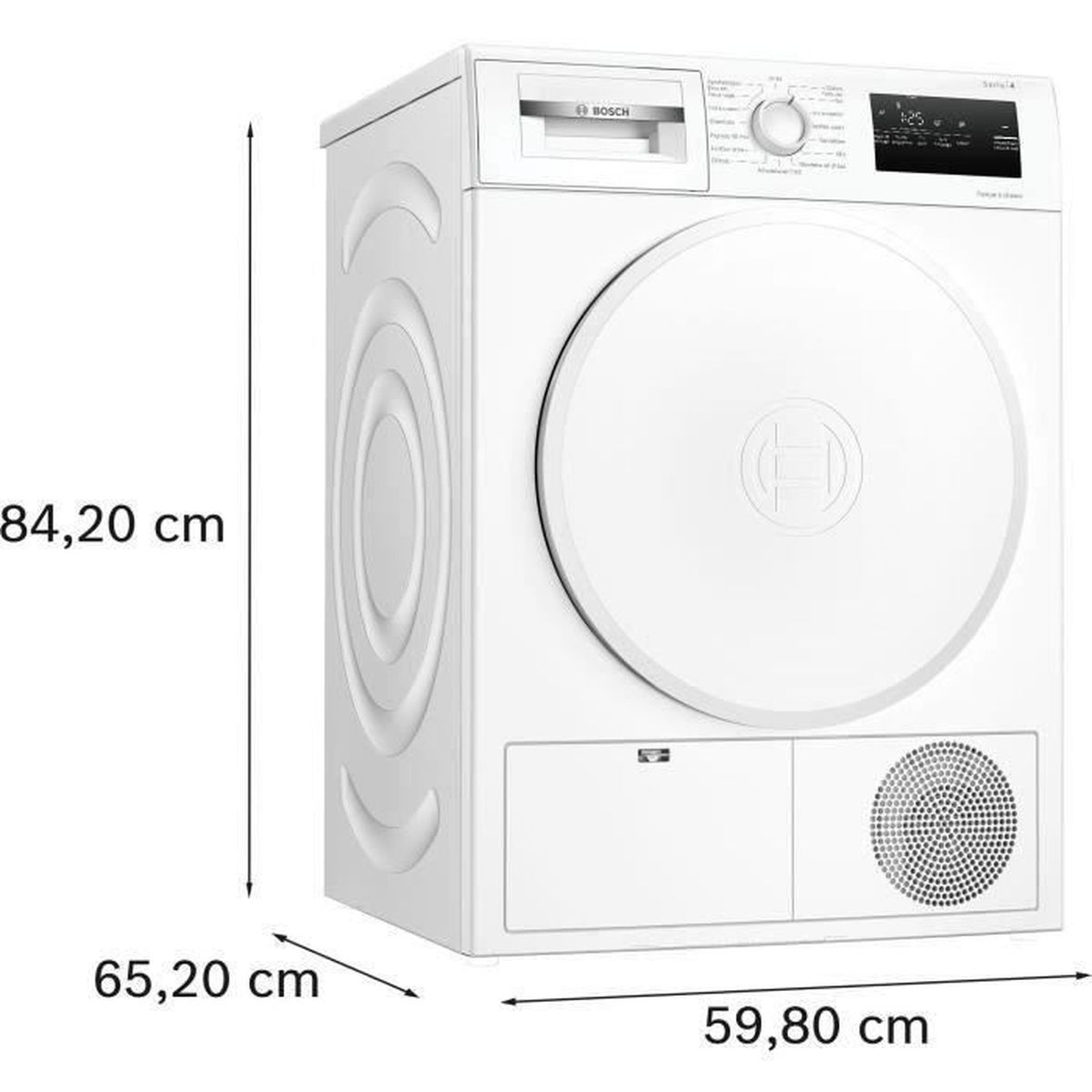 Weiße Bosch Trockner mit Maßen 84,20 cm hoch, 65,20 cm tief, 59,80 cm breit.