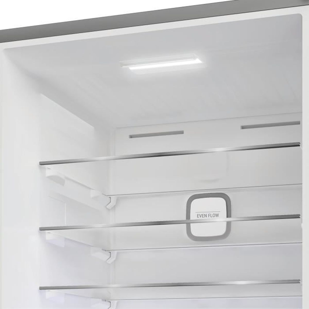 Interno di un frigorifero con ripiani in vetro, luce LED e 'Even Flow'