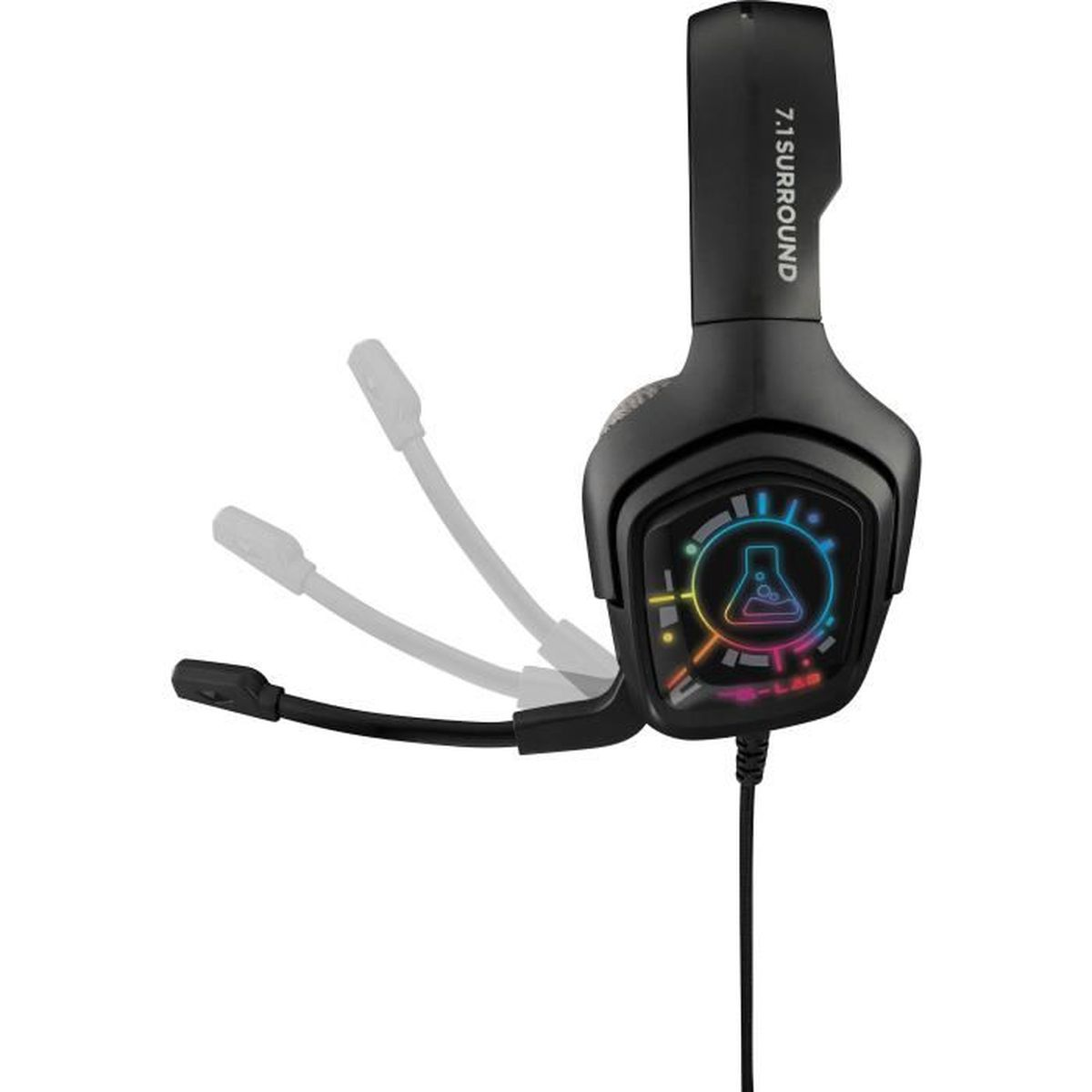 Schwarzer Gaming-Kopfhörer mit Mikrofon und leuchtendem Logo.
