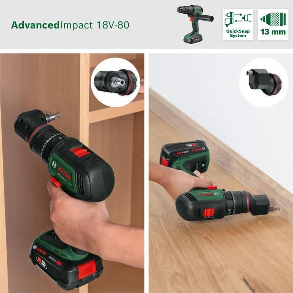 Bosch-Bohrer mit QuickSnap-System, 18V-80, 13 mm Kapazität.