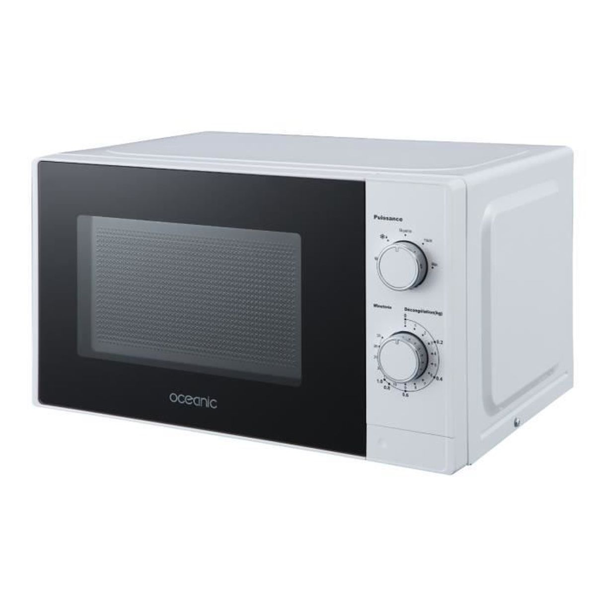Een witte Oceanic magnetron met zwarte deur en twee draaiknoppen.