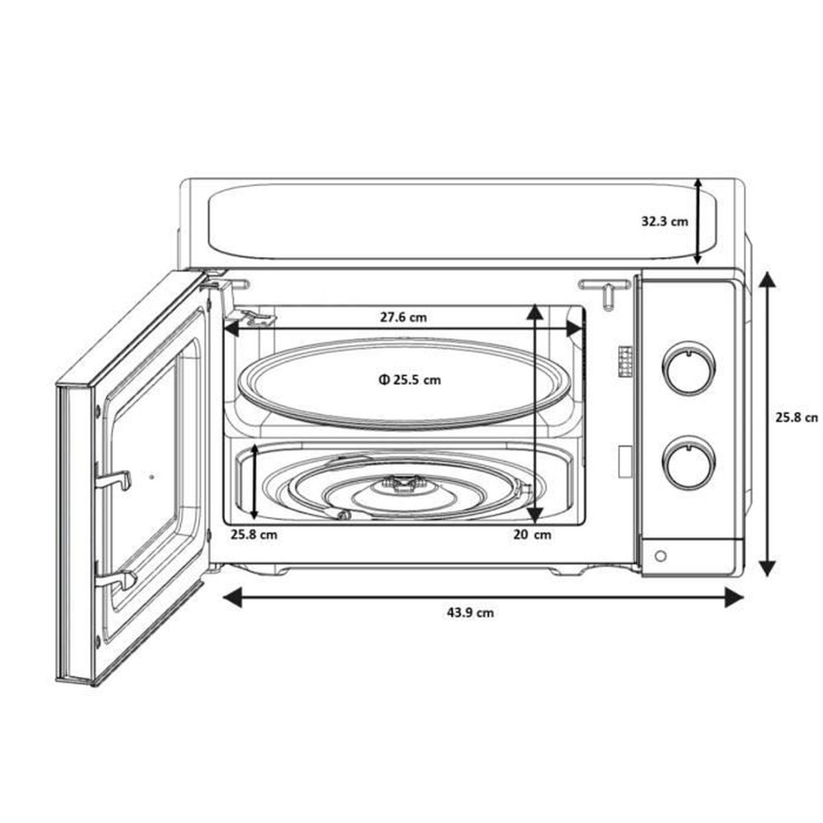 Diagram van een open magnetron met afmetingen.