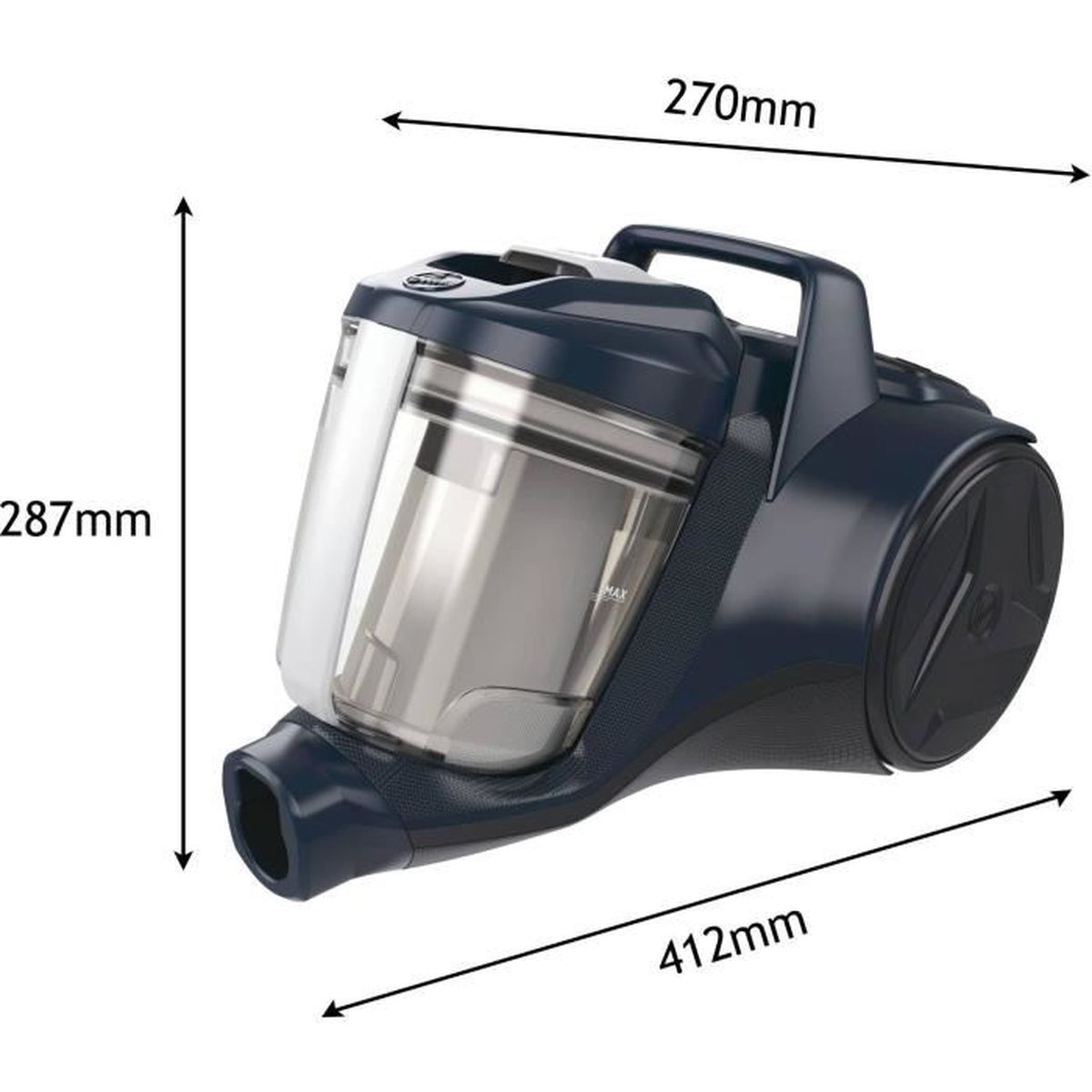 Ciemnoniebieski odkurzacz z przezroczystym pojemnikiem, 412x270x287mm.