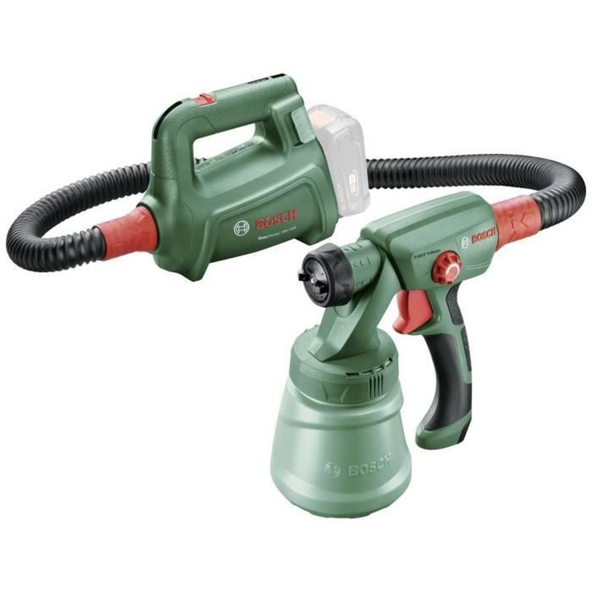 Twee groene Bosch verfspuiten met zwarte slang en rode handgreep op witte achtergrond.