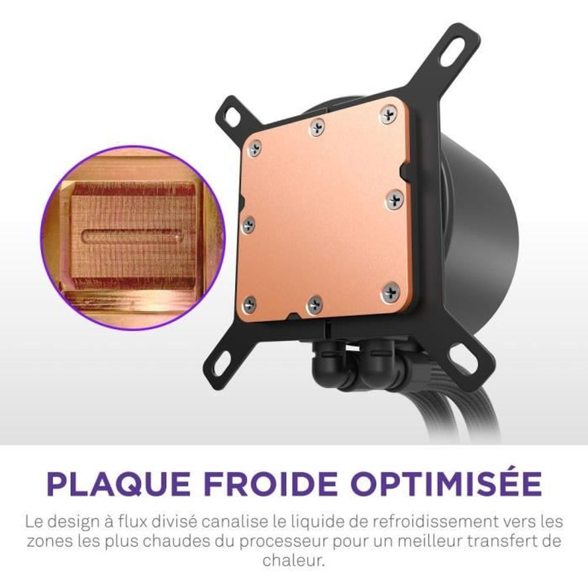Miedziana płyta chłodząca CPU z czarnym wspornikiem montażowym.