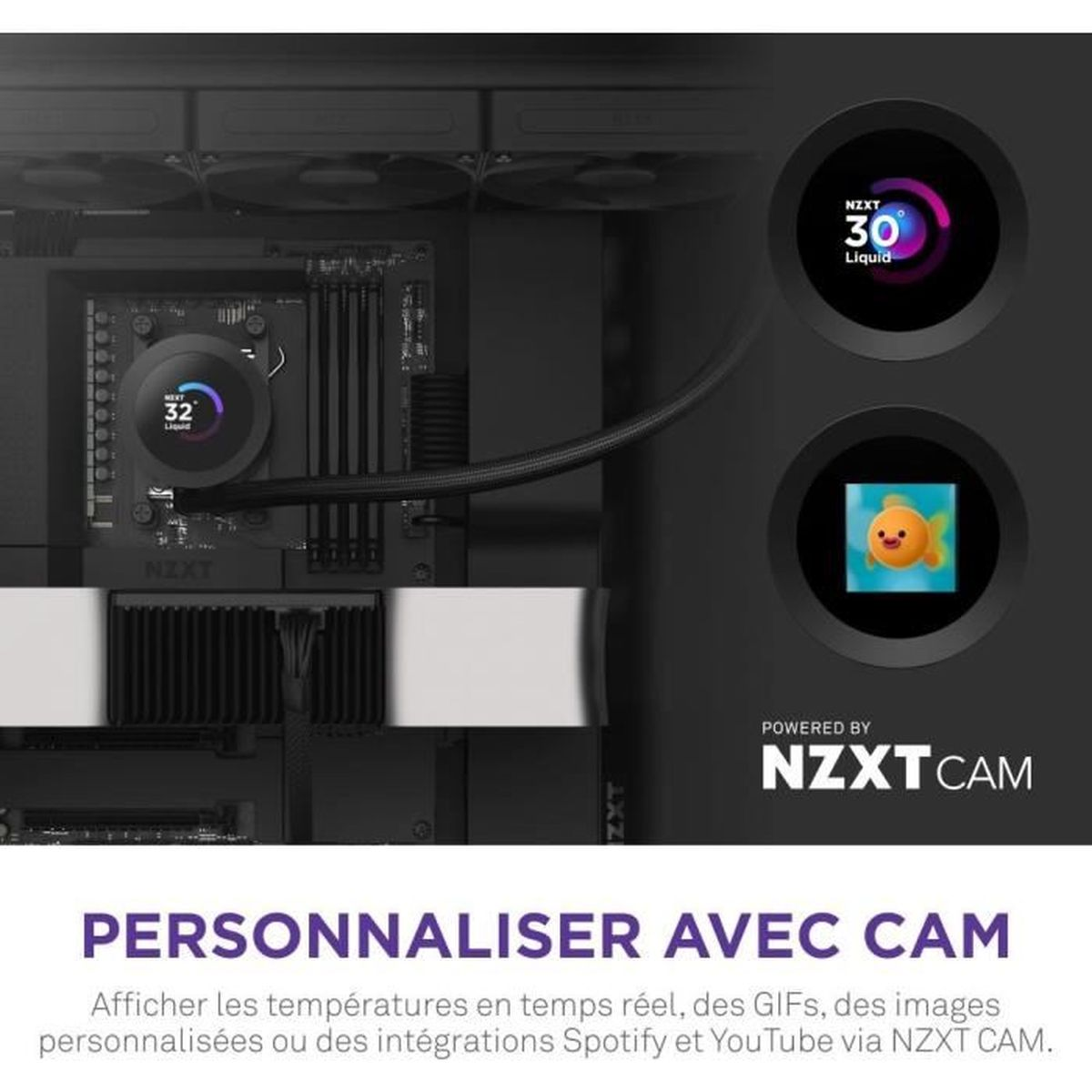 Obudowa komputera z logo NZXT i dwoma wyświetlaczami pokazującymi temperatury.