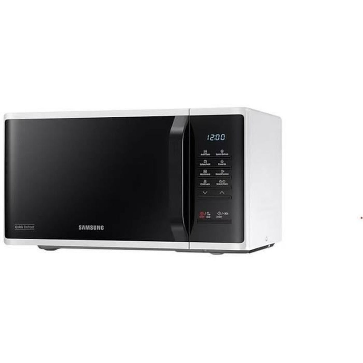 Ein weißer Samsung-Mikrowellenherd mit schwarzer Tür und Bedienfeld.