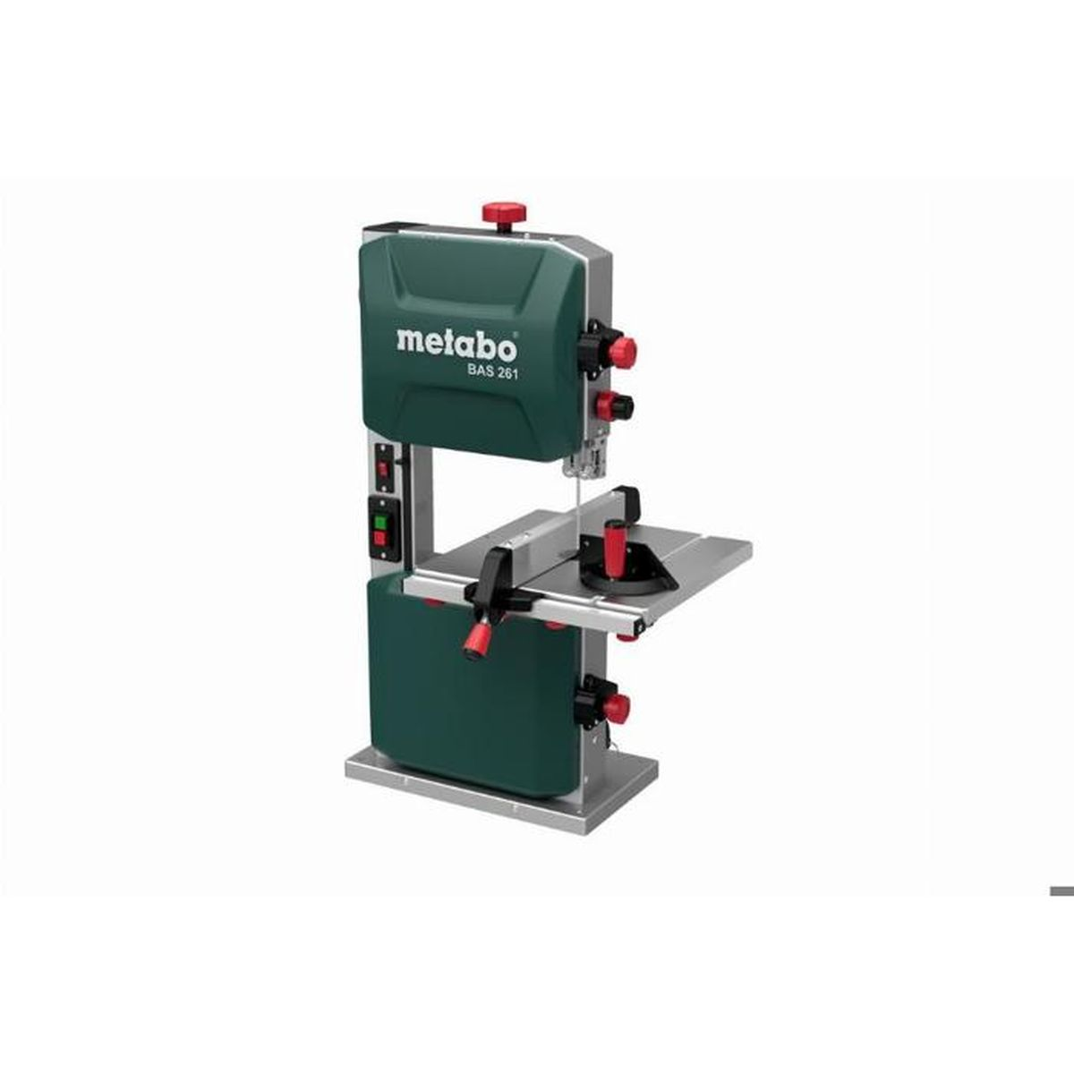 Scie à ruban Metabo BAS 261 verte avec table argentée et accents rouges, sur fond blanc.