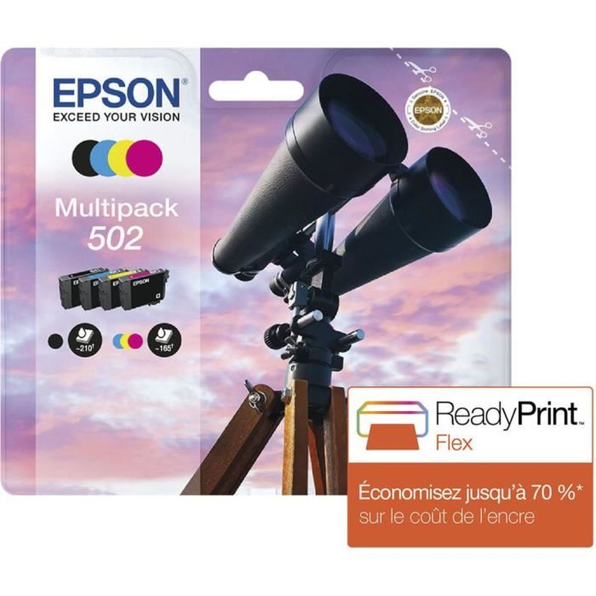 Epson Multipack 502 ink cartridges with telescope in background.