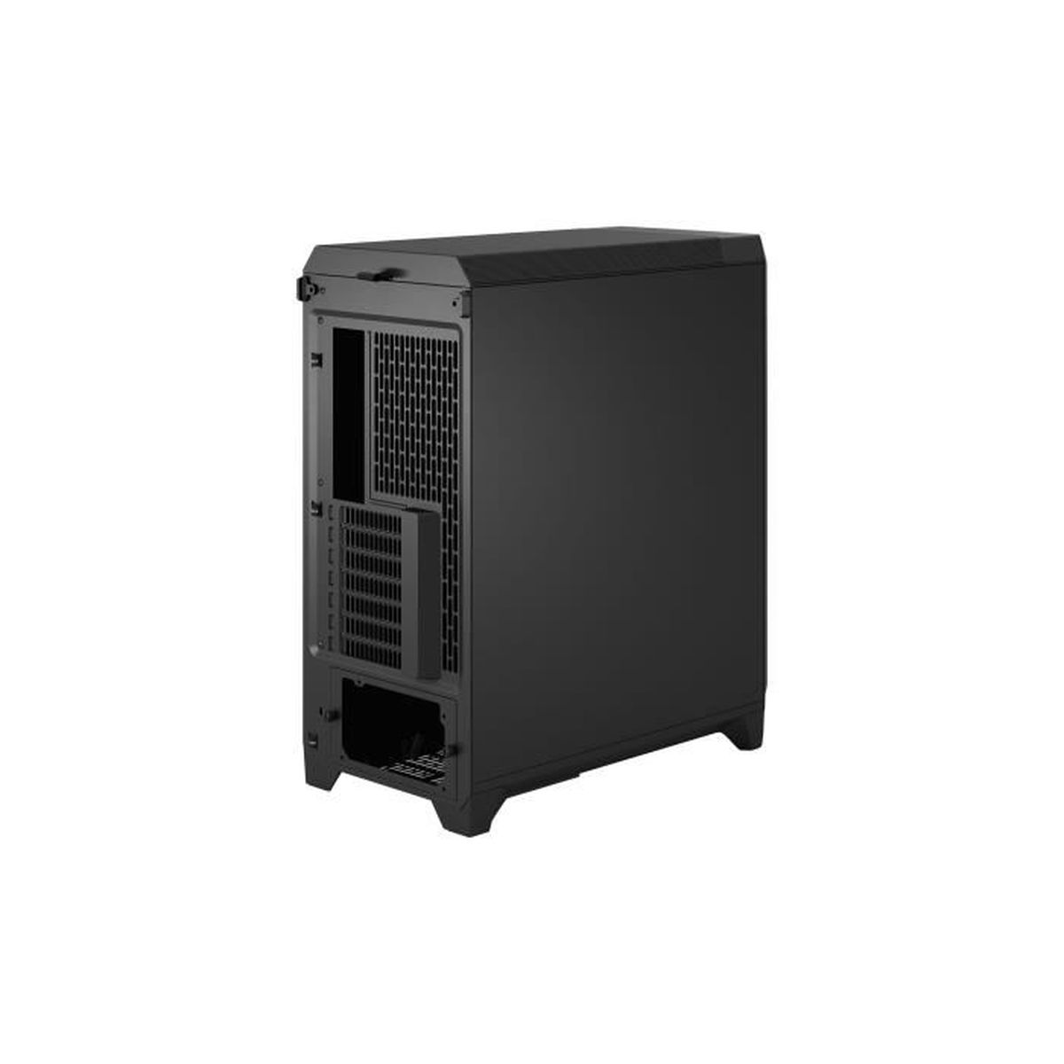 Un case per computer nero con fessure di ventilazione sul retro e porte.